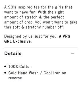 screenshot of vrggirl product description showing how to lead with benefits not features.